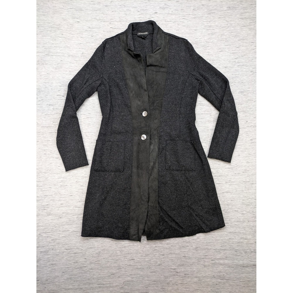 Eileen Fisher Merino Wool Lamb Leather‎ Trim Button Front Coatigan XS Minimalist